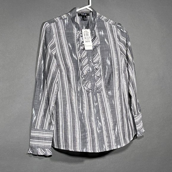 Style & Co Petite Gray Button Down Ruffle Bling Metallic Thread Stripes Size 4P - Picture 1 of 16
